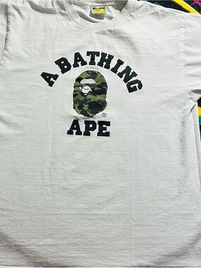 Bape White Tee with Green Camo Ape Logo